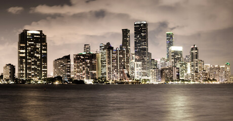 Miami downtown skyline evening panoramic sepia color view - obrazy, fototapety, plakaty