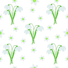 Seamless pattern abstract snowdrops, wood anemone flowers on white background. Pretty girly spring floral print, vector eps 10