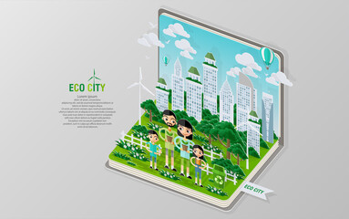 Green eco city and life with pop-up concept.