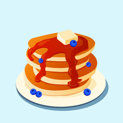 Pancakes with blueberries on the plate. Traditional sweet american breakfast with berries, creative food on blue background, Maple syrup flows at falling pancakes. Eps10 vector illustration.