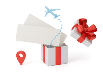 Open box for gifts and plane ticket. isolated on white background. 3d render