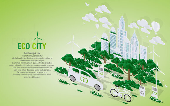 Green Eco City And Life With Pop-up Concept.