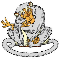 a clever monkey in a sitting pose. Front view. Isolated vector illustration