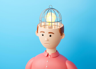 The idea in the cage in the head. Light bulb as a symbol of an idea in a bird cage. 3d render