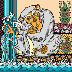 Intelligent monkey sitting in the garden. Smart ape in a romantic mood. Front view. Landscape with decorative plants and waterfall. Graphic style vector illustration