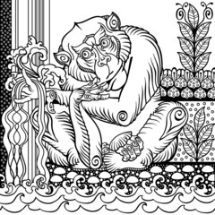 Intelligent monkey sitting in the garden. Smart ape in a romantic mood. Front view. Landscape with decorative plants and waterfall. Graphic style black and white vector illustration