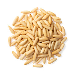 Shelled European pine nuts isolated on white background, top view.