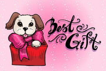 Dog in box vector illustration isolated on white background