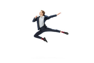 Fototapeta na wymiar Studio shot of young male ballet dancer wearing business suit dancing isolated on white studio background. Business, start-up, art, work, caree, inspiration concept.
