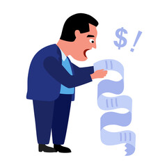 Businessman shocked with long bill in flat design on white background. Debt payment.