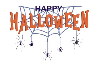 Happy Halloween text with spiders and spider webs. Trendy template for banners, posters and greeting cards. Vector illustration