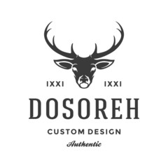 Hunting shop with deer head vector logo. Vintage black silhouette of hunting trophy with advertisement for retro club men. Lucky shooter wall decoration in elegant victorian style.