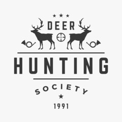 Hunters club with deer and sight vector logo. Horned prey silhouettes with vintage beacons symbol old traditions and rules. Adrenaline fueled animal tracking for valuable trophies.