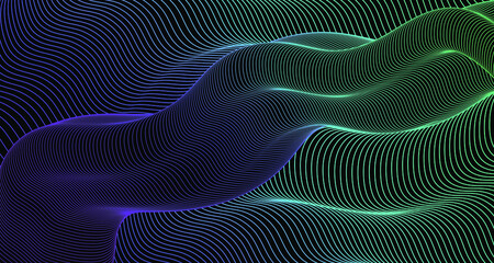 Dark vector background with blue green curve glowing neon lines