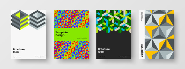 Clean geometric hexagons brochure concept bundle. Multicolored company identity A4 vector design layout set.