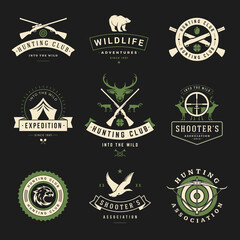 Vintage travel and hunting clubs vector logos. Polar bear with duck in search adventure and crossbow with aiming sigh. Elegant shooter wall decoration in victorian wildlife style.