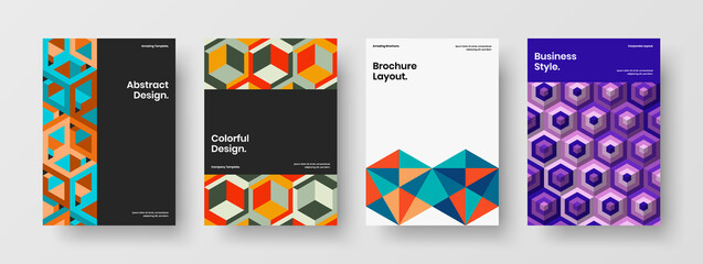 Trendy journal cover A4 design vector template collection. Vivid geometric tiles postcard layout bundle.