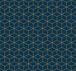 Art deco line art. Cube grid pattern in gold and blue color. Decorative seamless background.