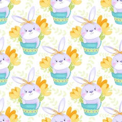 Seamless pattern with cute rabbits and tulips