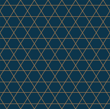Art deco line art. Triangular grid pattern in gold and blue color. Decorative seamless background.