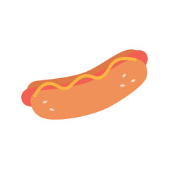 Hot dog with sausage and mustard sauce between long buns. Fast food.Vector illustration cartoon flat style.