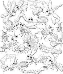 Outlined doodle anti-stress coloring page cute bugs and other insects. Coloring book page for adults and children