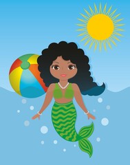 Lovely mermaid swimming and playing in the water a sunny day. Vector illustration.