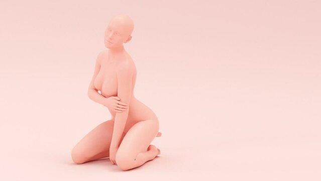 Human naked young elegant posing figure, studio 3d render modern illustration, abstract art motion design animation, fashion mannequin posture portrait, sitting pretty attractive woman