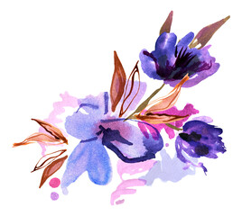 Fototapeta na wymiar Watercolor hand painted purple flowers. For design of invitations, greeting cards. High quality photo