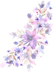 Watercolor hand painted purple flowers. For design of invitations, greeting cards. High quality photo