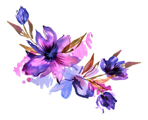 Obraz na płótnie Canvas Watercolor hand painted purple flowers. For design of invitations, greeting cards. High quality photo