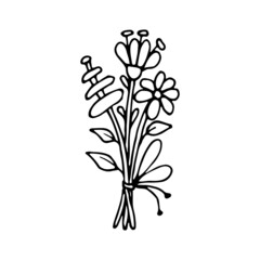 Gift bouquet of flowers line art. Daisy lavender flower. Floral present in a package tied with a bow. Hand drawn vector doodle illustration. Outline drawing.