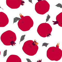 Seamless pattern with pomegranate fruits and leaves. Vector drawing, texture on a white background with garnets. Print for fabric, juice packaging, website design. - 499128298