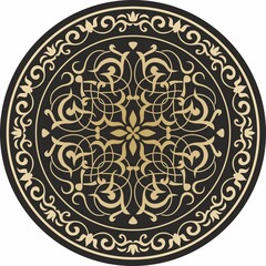 Vector round golden classic ornament. A circle with a europe gold pattern on the black background. Ceiling decoration, ancient Rome, Greece