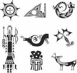 Vector monochrome set of symbols of the Indians of Central, South and North America. Native American patterns, man, animal