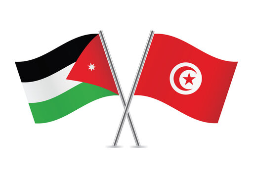 Jordan and Tunisia crossed flags. Jordanian and Tunisian flags on white background. Vector icon set. Vector illustration.