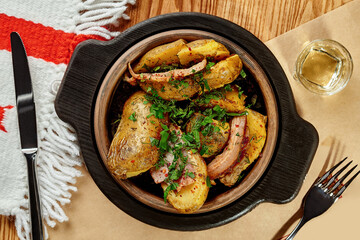 Baked potatoes with bacon slices and greens served in Georgian restaurant in traditional clay ketsi with chacha