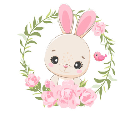 Cute banny with flowers and a wreath. Cartoon vector illustration.