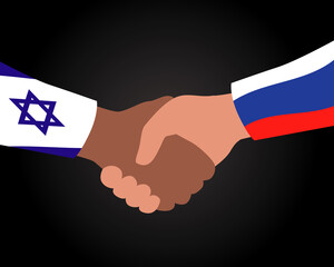 Political handshake, concept of diplomacy Israel and Russia, flat vector stock illustration with flags of countries and dipllomats on black background
