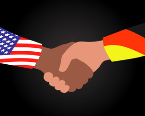 Political handshake, concept of diplomacy of United States and Germany, flat vector stock illustration with flags of countries and dipllomats on black background