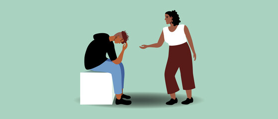 Persona refugee in depression and volunteer support, flat vector stock illustration as concept of volunteer work