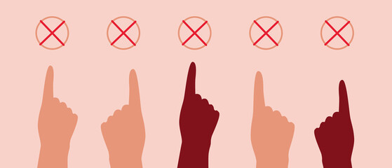 Index finger puts mark, concept of elections, voting and referendums, flat vector stock illustration, people against - obrazy, fototapety, plakaty