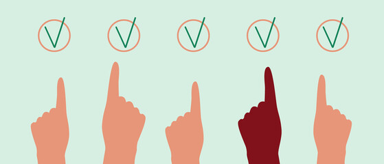 Index finger puts mark, concept of elections, voting and referendums, flat vector stock illustration, people agree