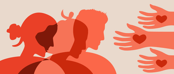 Volunteers' hands as symbol of volunteering, flat vector stock illustration with migrants, refugees or people victims
