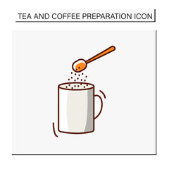  Hot drink color icon. Add chocolate powder or cinnamon into a hot steam drink.Cafeteria. Tea and coffee preparation concept. Isolated vector illustration