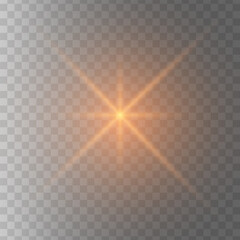 Golden glowing light star on a background. Transparent shining sun, star explodes and bright flash. Bright illustration starburst. 