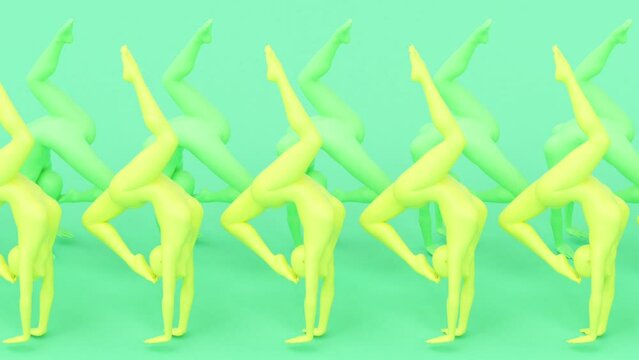 Human naked young elegant posing figure, studio 3d render modern illustration, abstract art motion design animation, fashion mannequin posture portrait, fitness or yoga exercise, balanced asana