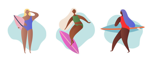 Set of young happy women surfer in Swimsuit with surfboard in her hands. Active recreation, water sports. Summer vacation. Tropical vacation, tourist, travel. Hand drawn flat vector illustration.