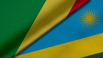 3D Rendering of two flags from Republic of the Congo and Republic of Rwanda together with fabric texture, bilateral relations, peace and conflict between countries, great for background