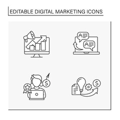 Digital marketing line icons set. Online marketing. Expert, communication. Information technologies in management. Business concept. Isolated vector illustration. Editable stroke